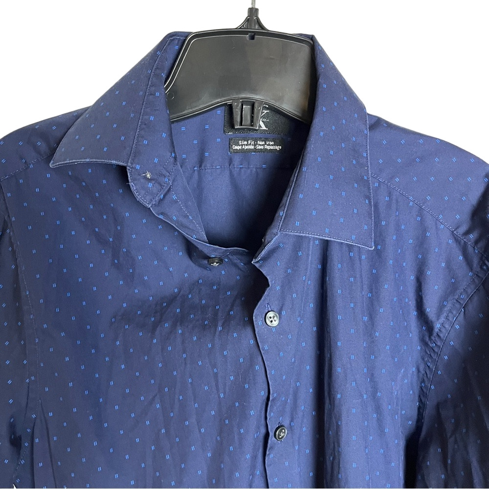 Calvin Klein Button Down Shirt Dark Blue Abstract Pattern Slim Fit Mens Medium